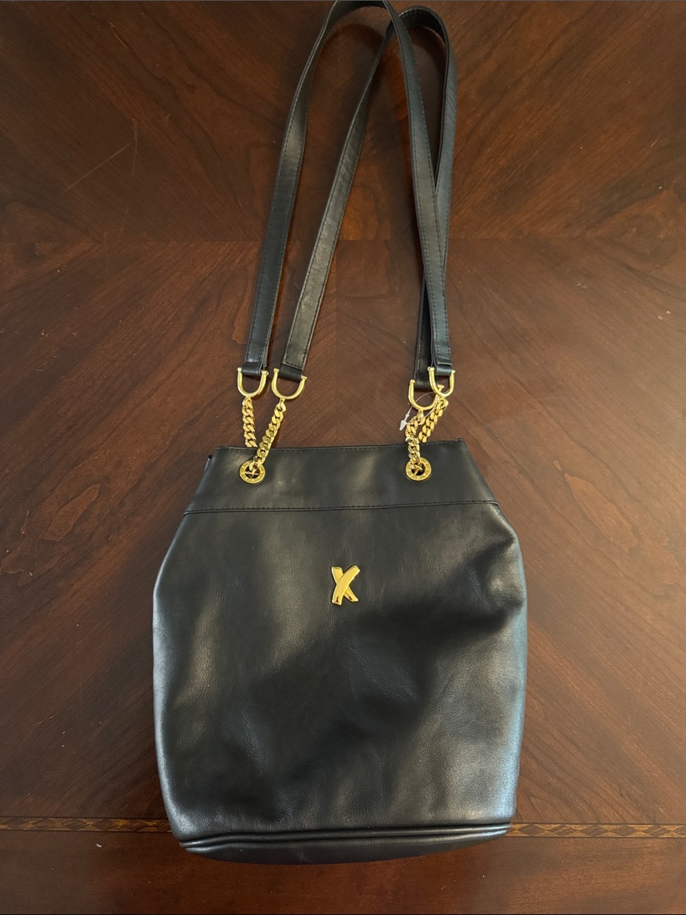 Paloma Picasso Black Leather Shoulder Bag with Gold Accents